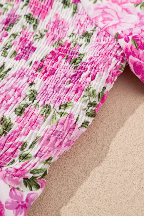 Pink Dainty Floral Smocked Puff Sleeve Flowy Long Dress